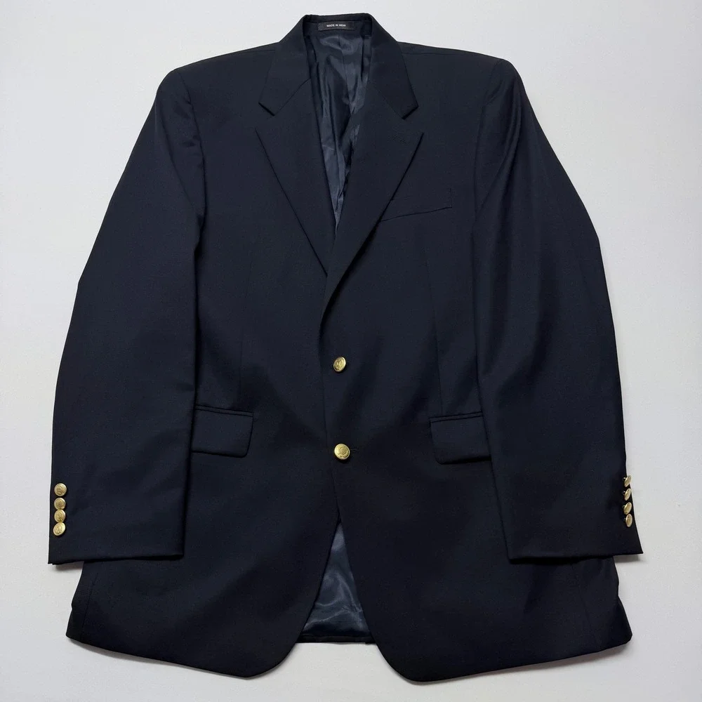 Chaps Mens Navy Blue 100% Wool 2 Button Gold Crest Button Blazer Jacket 42L